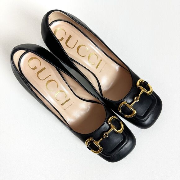 GUCCI Black Baby Bit Horsebit Square Toe Pump 38.5 US 8.5 Leather Block Heel - Picture 3 of 15